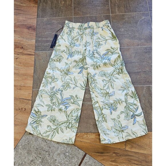 Tahari Wide Leg Yellow Floral Women's Linen Pull On Pants Size M - Picture 2 of 7